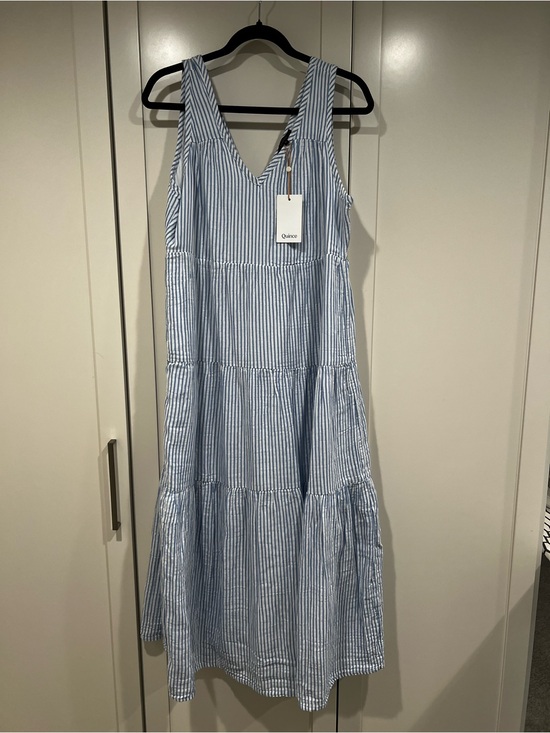Quince Dresses & Skirts - Quince Blue and White Gauze Tiered Organic Cotton Vertical Stripe Midi Dress